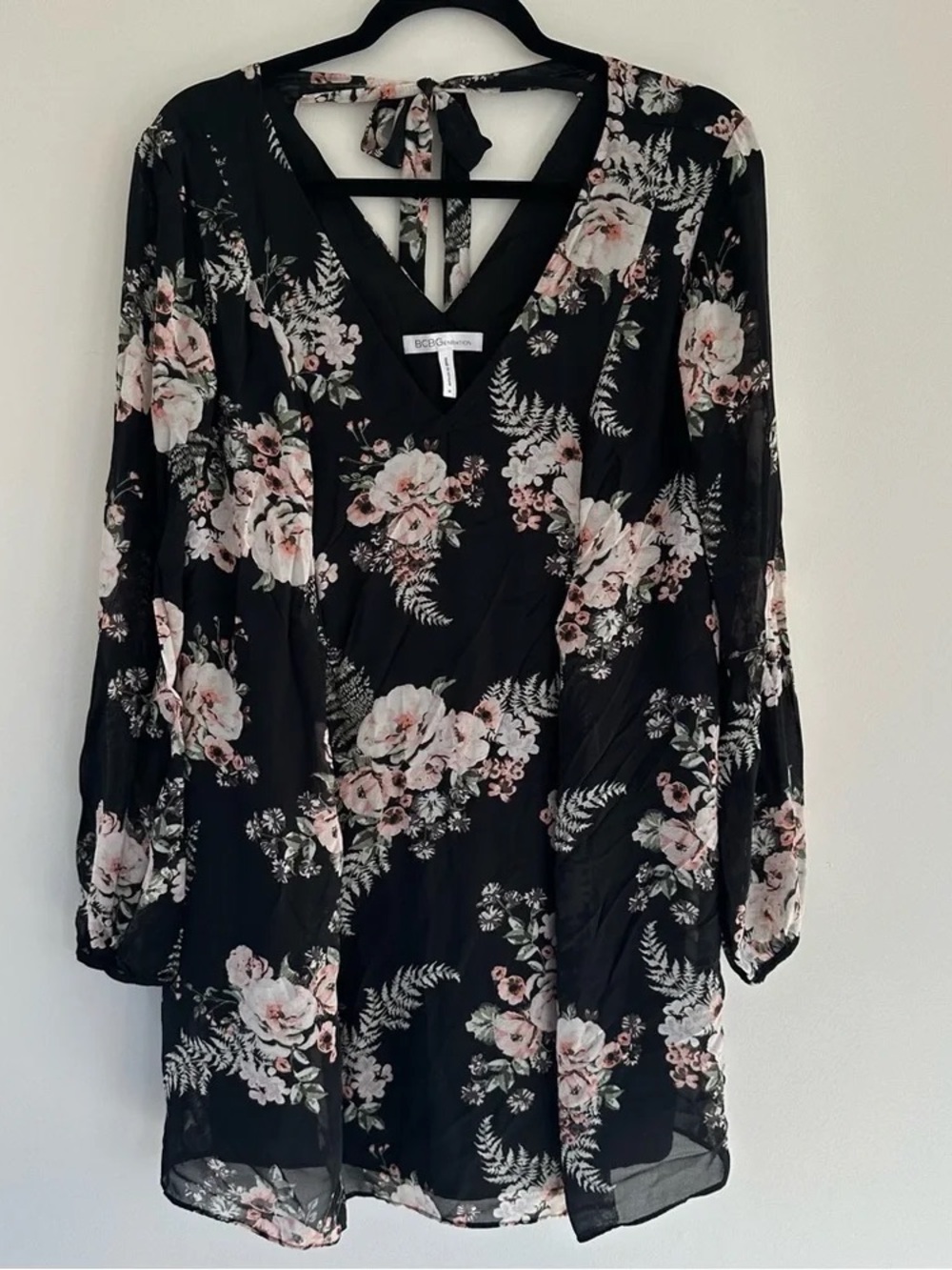 Black Floral V-Neck Tunic Dress with Pink Blooms